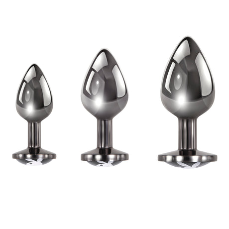 Playboy Pleasure 3 Ways Metal Anal Training Kit Black featuring three graduated anal plugs in shiny metal.