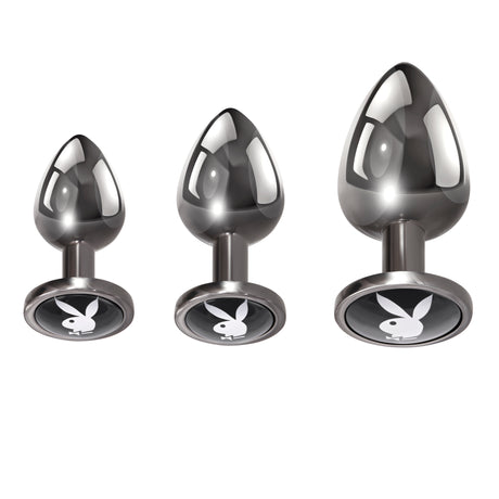 Playboy Pleasure 3 Ways Metal Anal Training Kit Black featuring three graduated plugs for anal play.