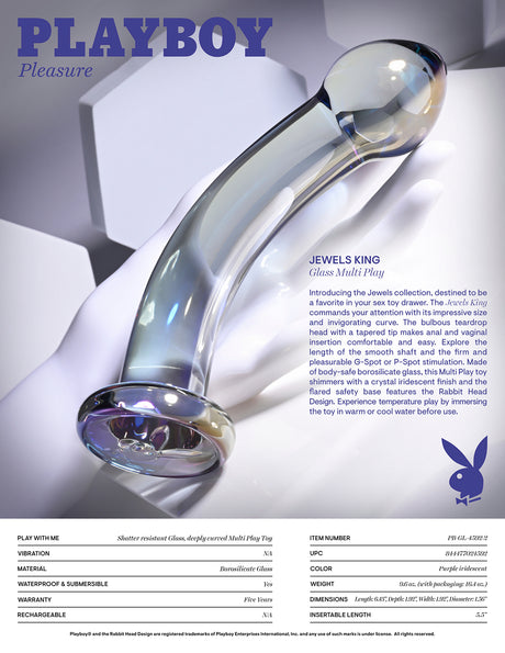 Playboy Jewels King Glass Probe Purple on display with glossy finish and teardrop head for versatile stimulation.