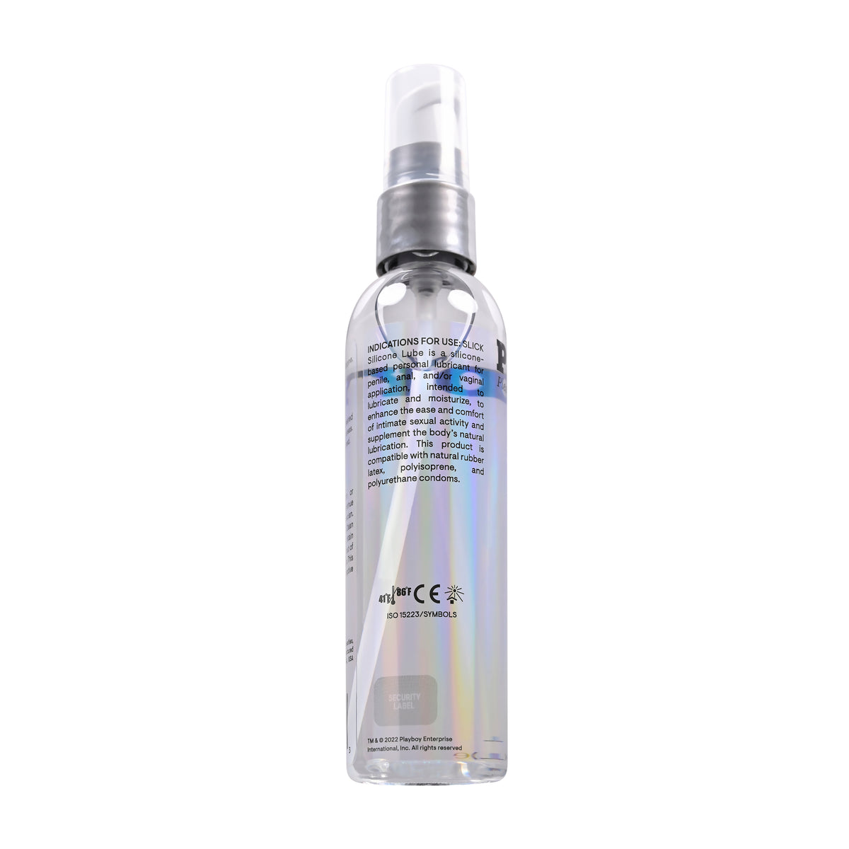 Playboy Pleasure Slick Silicone Lubricant 4 Oz bottle with sleek design and spray top, ideal for intimate moments.