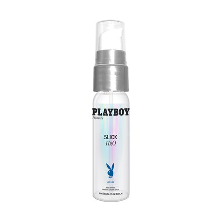 Playboy Slick H2O Water Based Lubricant 2 Oz in a clear bottle with pump, designed for comfort and ease during intimacy.