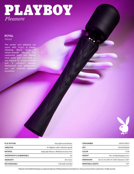 Playboy Royal Silicone Vibrating Wand Massager Black featuring textured handle and cushioned head against a vibrant backdrop.
