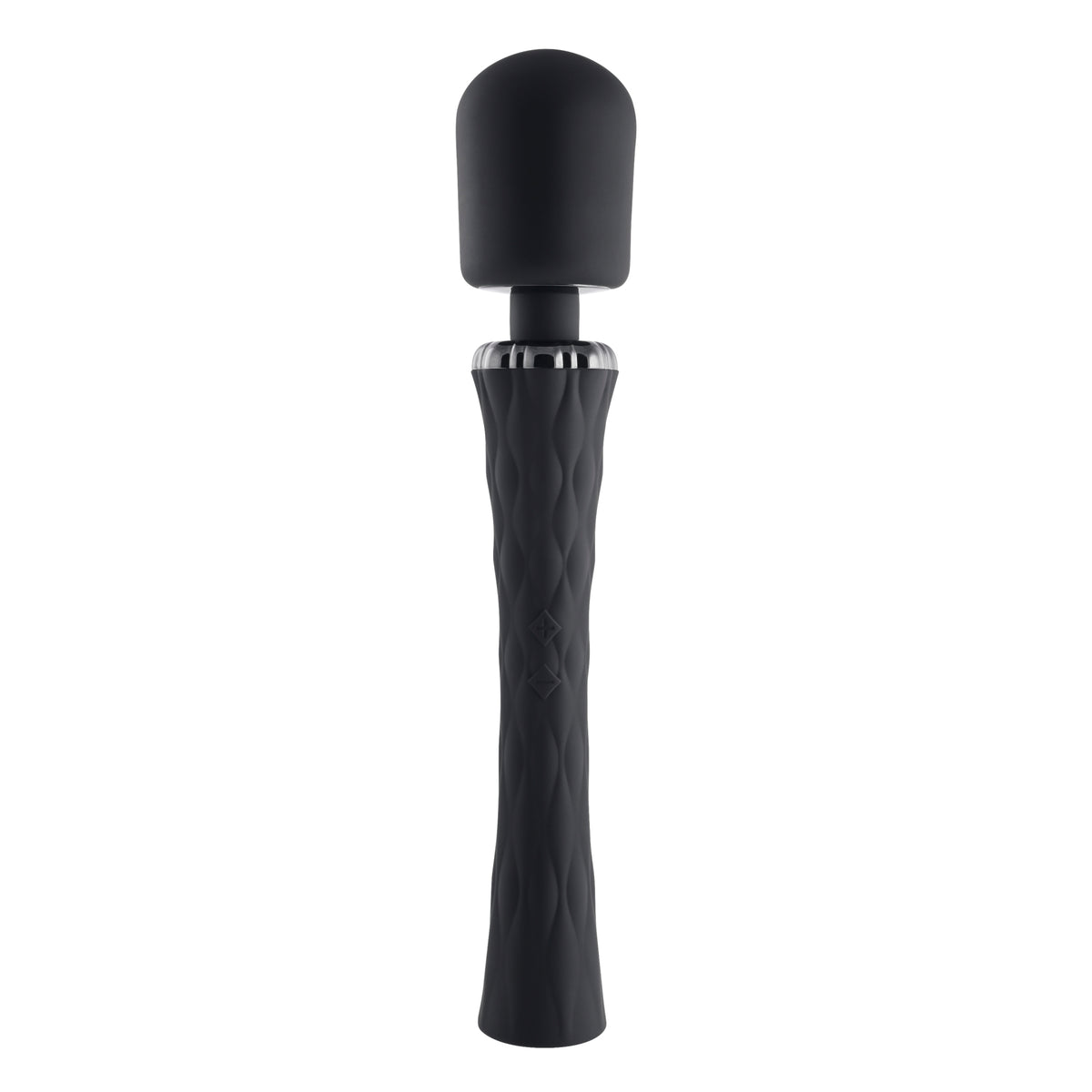 Playboy Royal Silicone Vibrating Wand Massager Black showcasing its sleek design and textured handle.