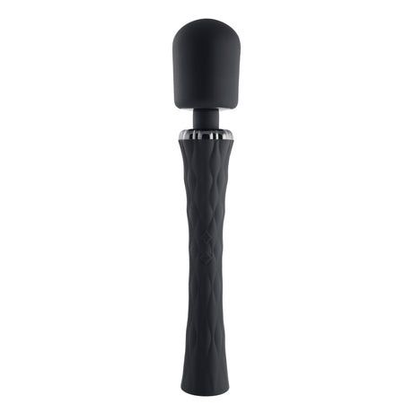 Playboy Royal Silicone Vibrating Wand Massager Black showcasing its sleek design and textured handle.