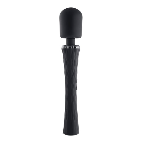 Playboy Royal Silicone Vibrating Wand Massager Black with smooth silicone and patterned handle.