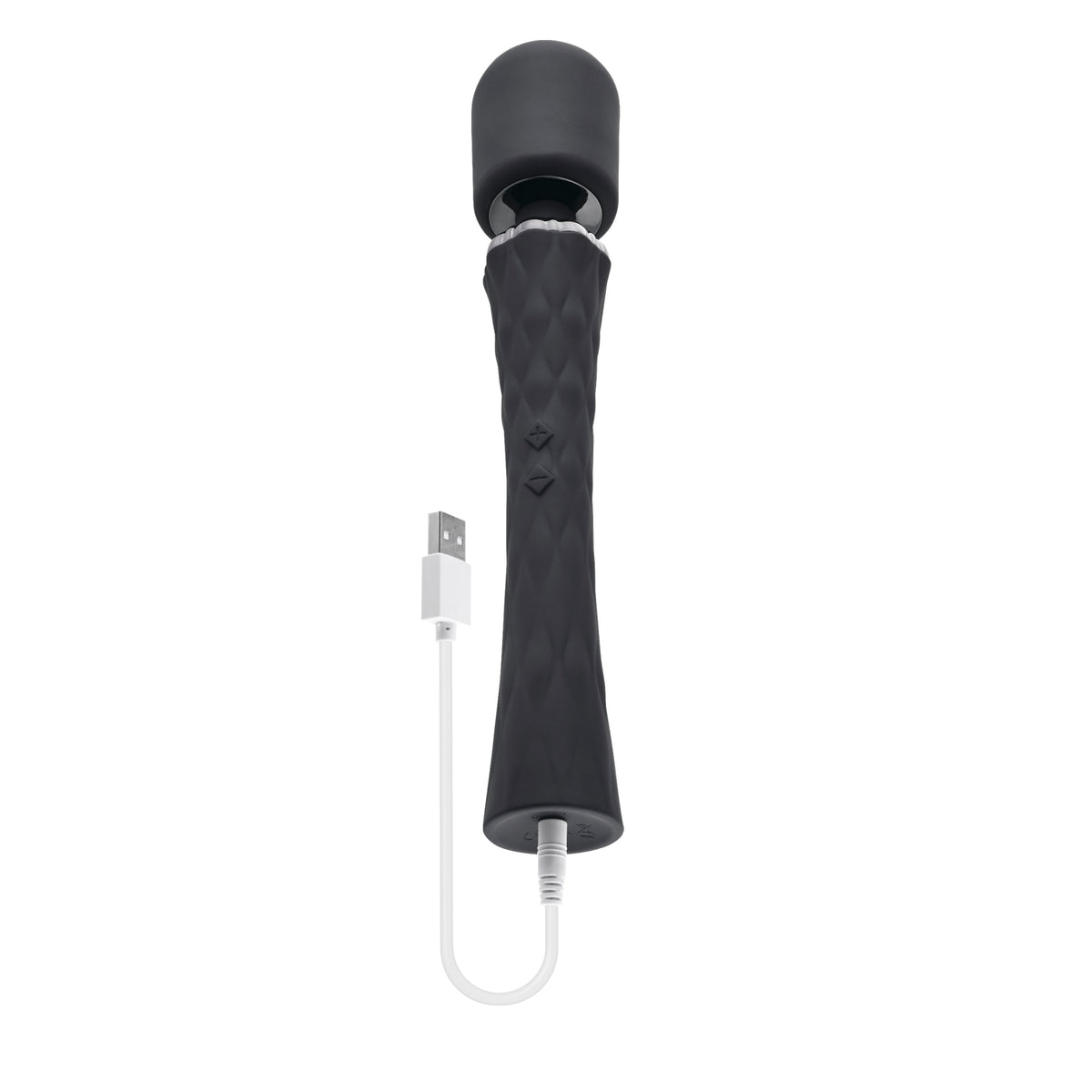 Playboy Royal Silicone Vibrating Wand Massager Black - USB rechargeable silicone wand with cushioned head and flexible handle.