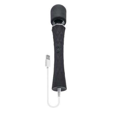 Playboy Royal Silicone Vibrating Wand Massager Black - USB rechargeable silicone wand with cushioned head and flexible handle.