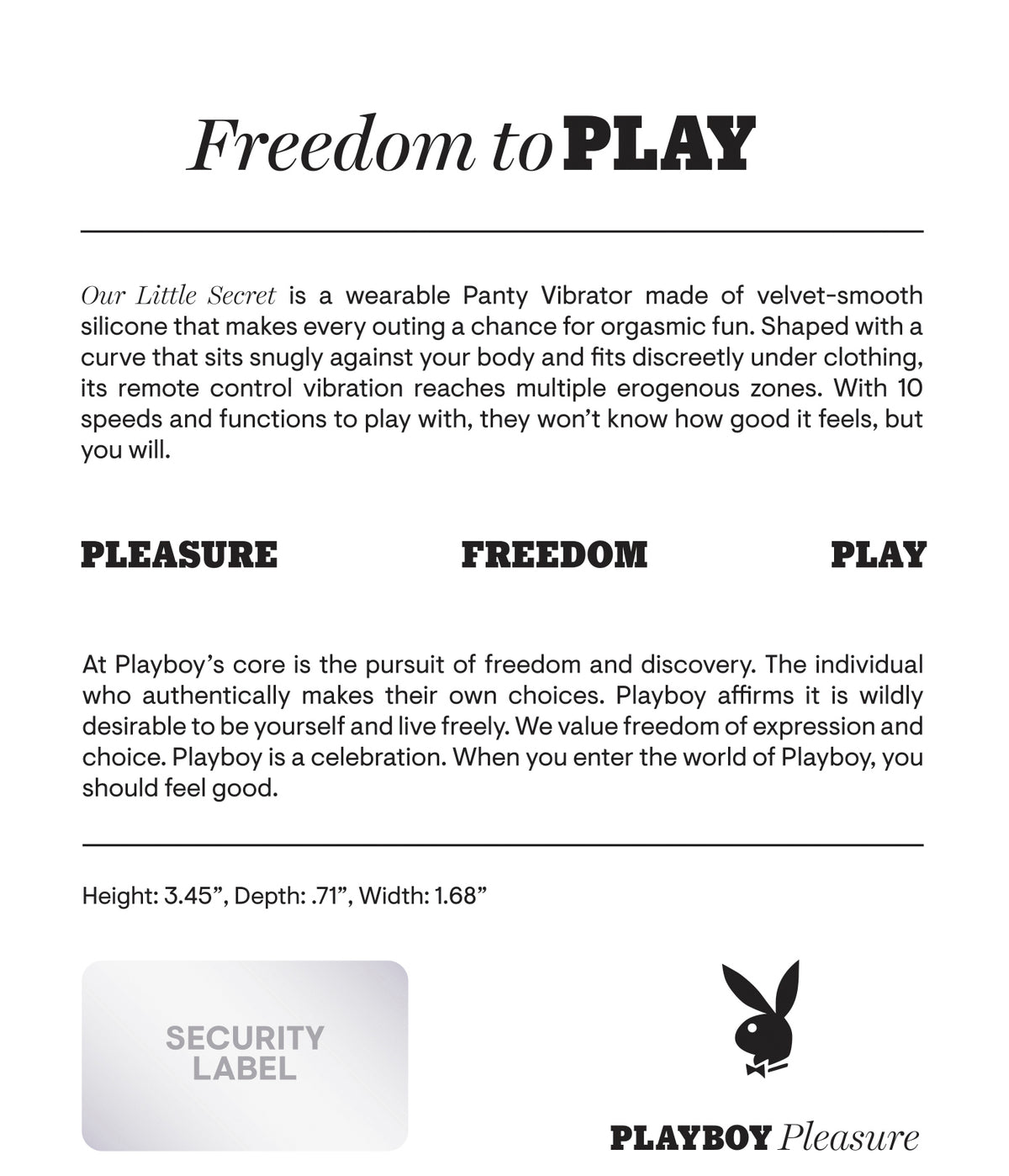 Playboy Our Little Secret Panty Vibrator Purple on a product description page highlighting its features and dimensions.