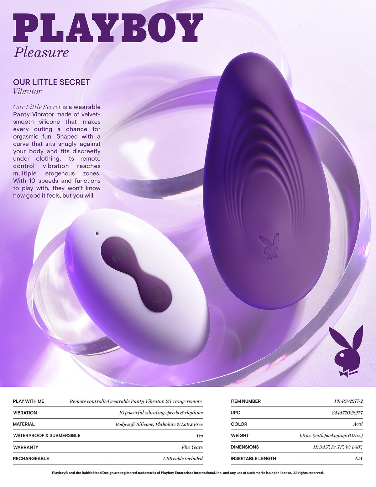 Playboy Our Little Secret Panty Vibrator Purple with remote control, sleek design, and 10 vibrating speeds for discreet fun.