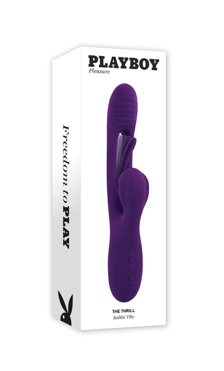 Playboy The Thrill Silicone Rabbit Vibrator Purple in packaging showcasing its unique design and features.