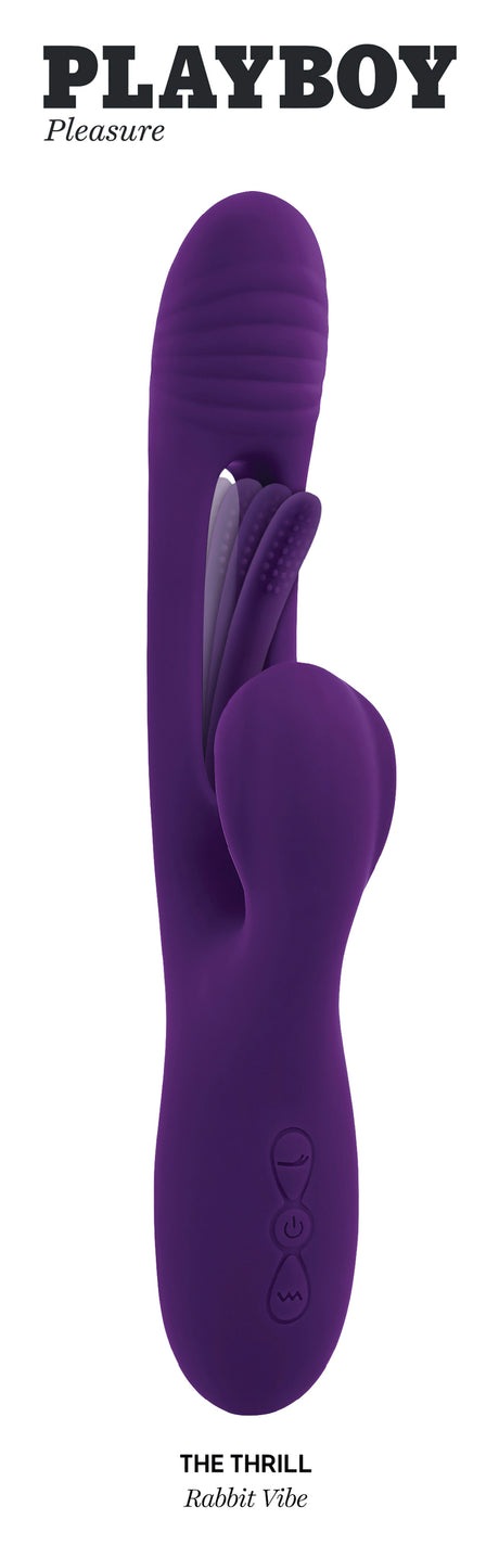 Playboy The Thrill Silicone Rabbit Vibrator Purple with textured head and dual stimulation feature.