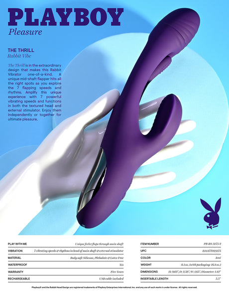 Playboy The Thrill Silicone Rabbit Vibrator Purple showcasing its unique design and features.