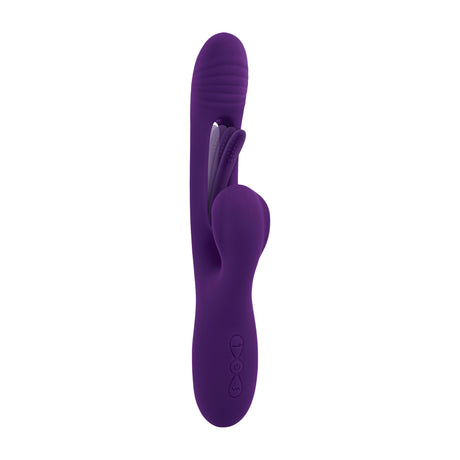 Playboy The Thrill Silicone Rabbit Vibrator Purple features a unique design with mid-shaft flapper for enhanced stimulation.