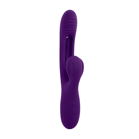 Playboy The Thrill Silicone Rabbit Vibrator Purple showcasing dual stimulation features and textured design.
