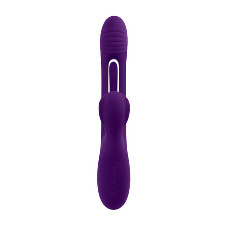 Playboy The Thrill Silicone Rabbit Vibrator Purple shown from the front, featuring a textured head and control buttons.