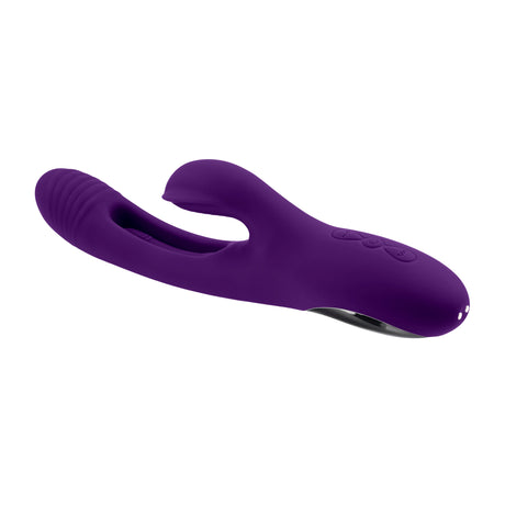 Playboy The Thrill Silicone Rabbit Vibrator Purple showcasing its unique design and dual stimulation features.