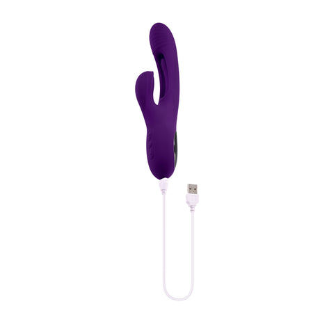 Playboy The Thrill Silicone Rabbit Vibrator Purple with USB charging cable, designed for dual stimulation.