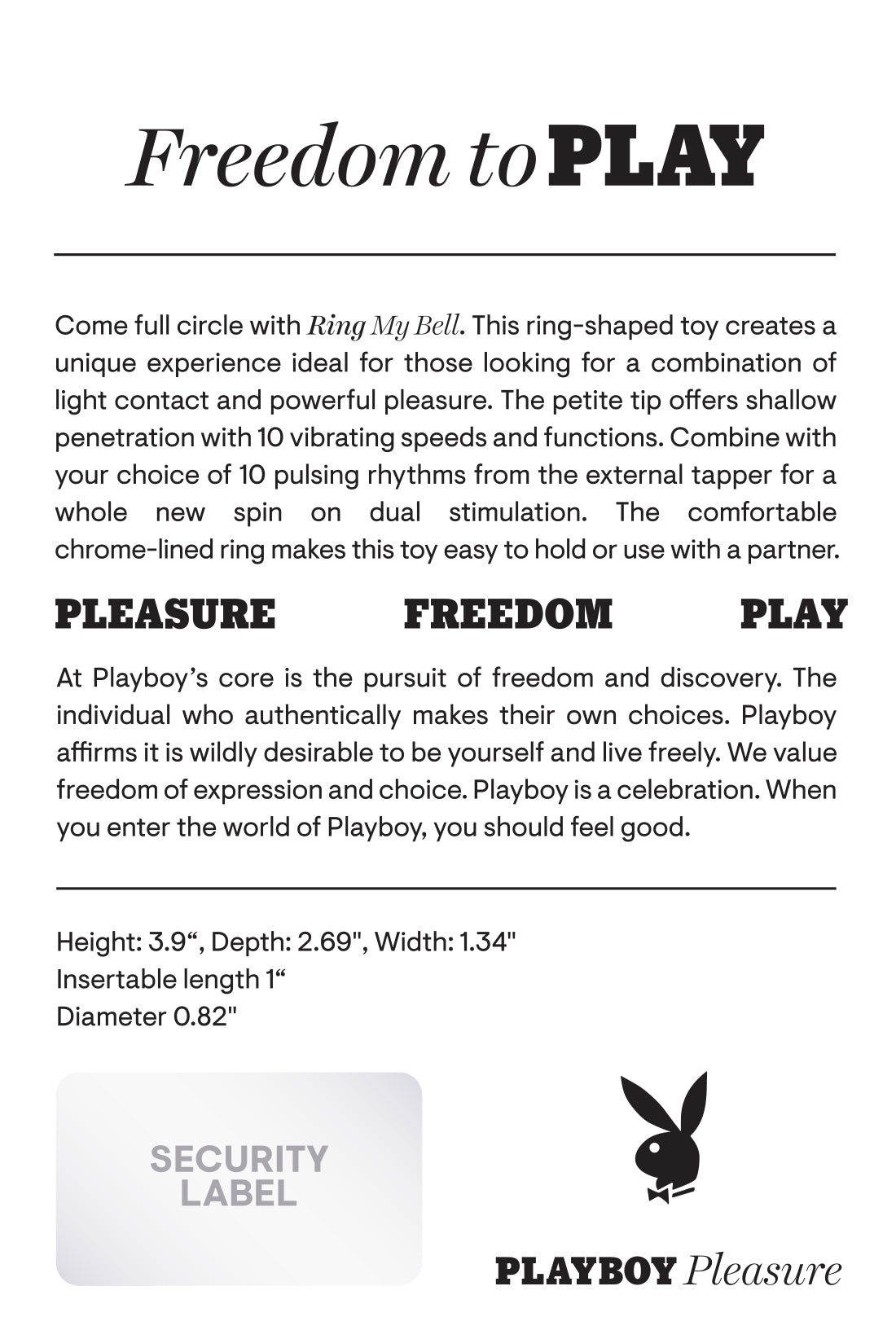 Playboy Ring My Bell Rechargeable Silicone Vibrator features details on design, functionality, and dimensions.