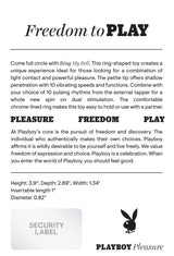 Playboy Ring My Bell Rechargeable Silicone Vibrator features details on design, functionality, and dimensions.
