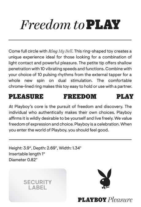 Playboy Ring My Bell Rechargeable Silicone Vibrator features details on design, functionality, and dimensions.