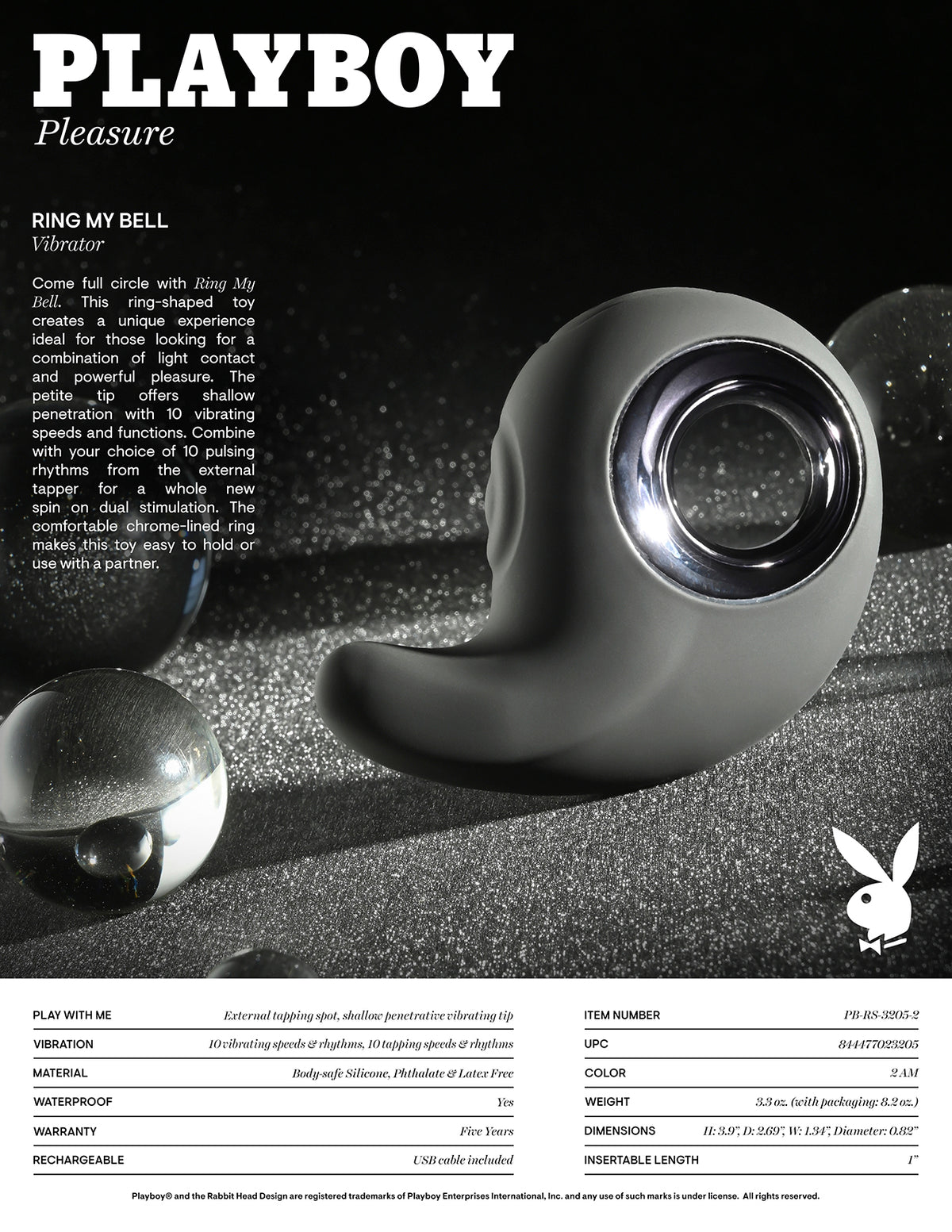 Playboy Ring My Bell Rechargeable Silicone Vibrator with chrome-lined design showcasing shallow vibrating tip.