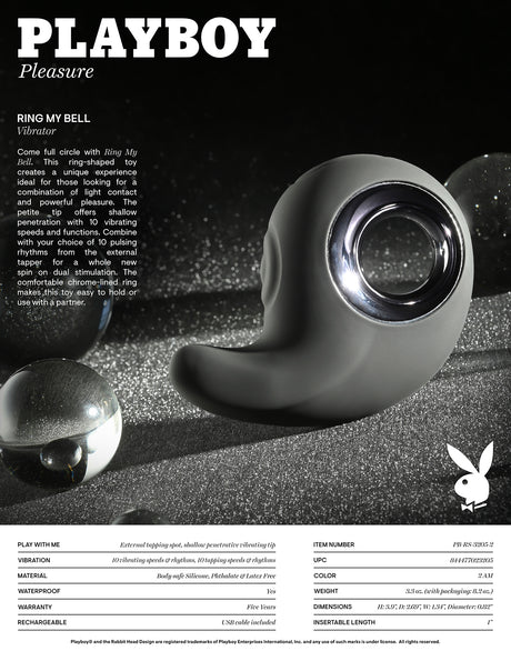 Playboy Ring My Bell Rechargeable Silicone Vibrator with chrome-lined design showcasing shallow vibrating tip.