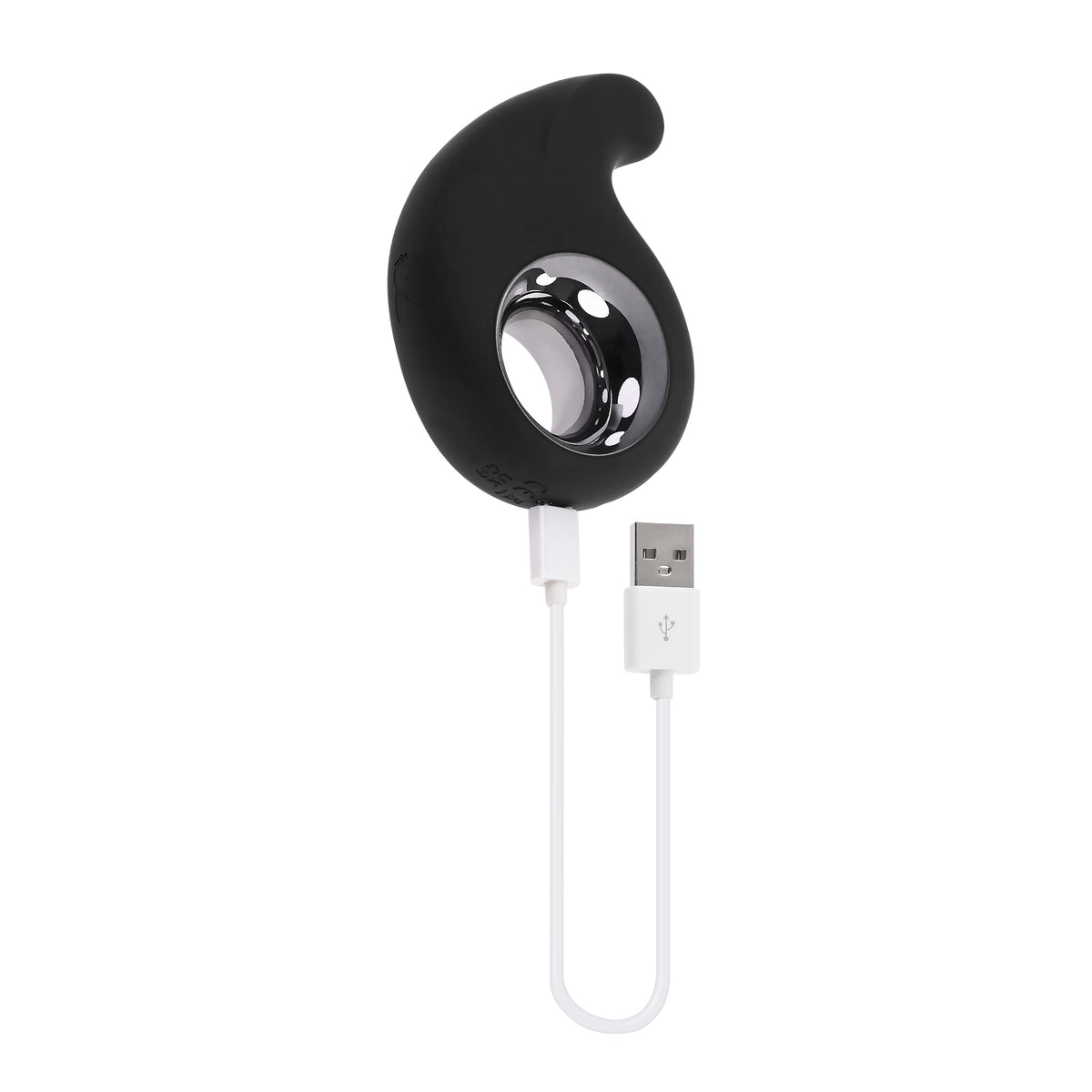 Playboy Ring My Bell Rechargeable Silicone Vibrator with chrome-lined design and USB charging cable.