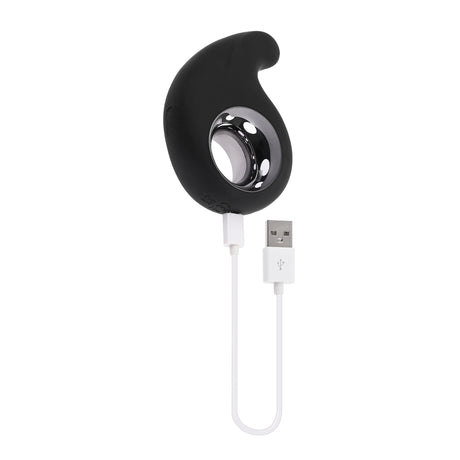Playboy Ring My Bell Rechargeable Silicone Vibrator with chrome-lined design and USB charging cable.