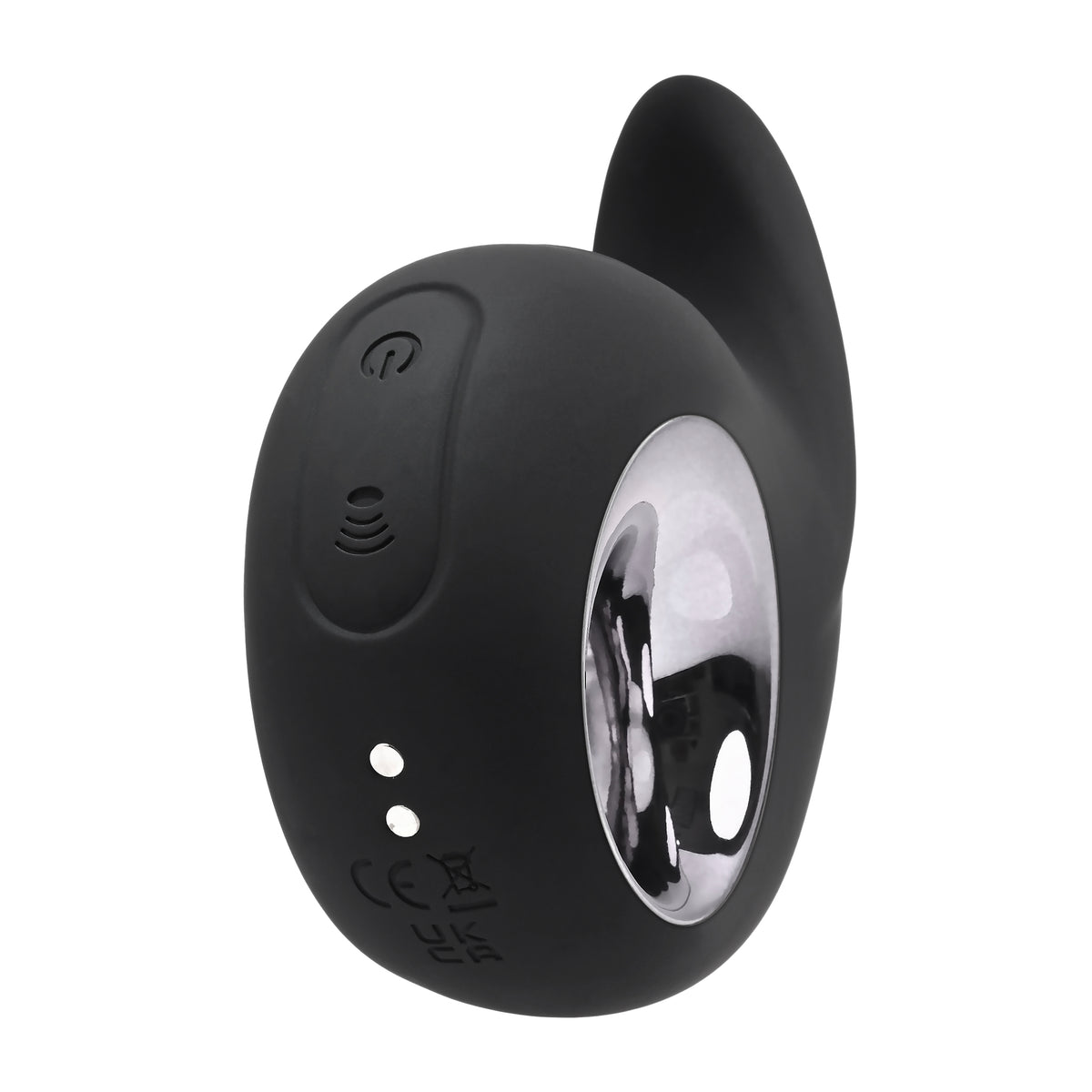 Playboy Ring My Bell Rechargeable Silicone Vibrator showing a sleek black design with chrome details and buttons.