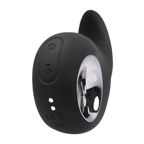 Playboy Ring My Bell Rechargeable Silicone Vibrator showing a sleek black design with chrome details and buttons.