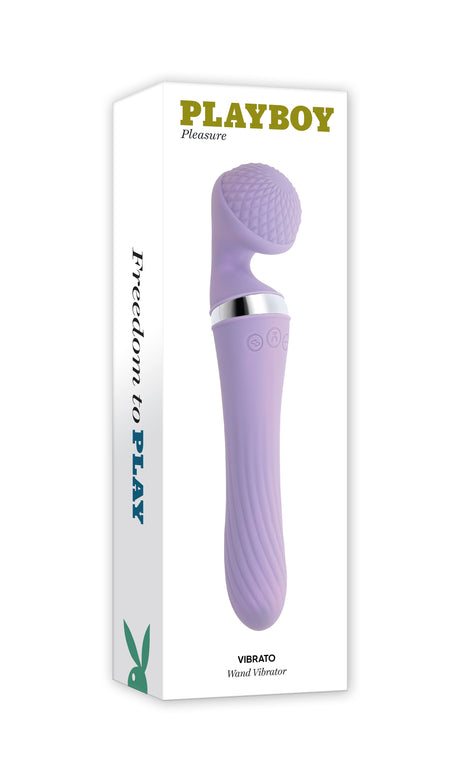 Playboy Vibrato Dual Ended Silicone Wand Vibrator Purple in a box showcasing its sleek design.