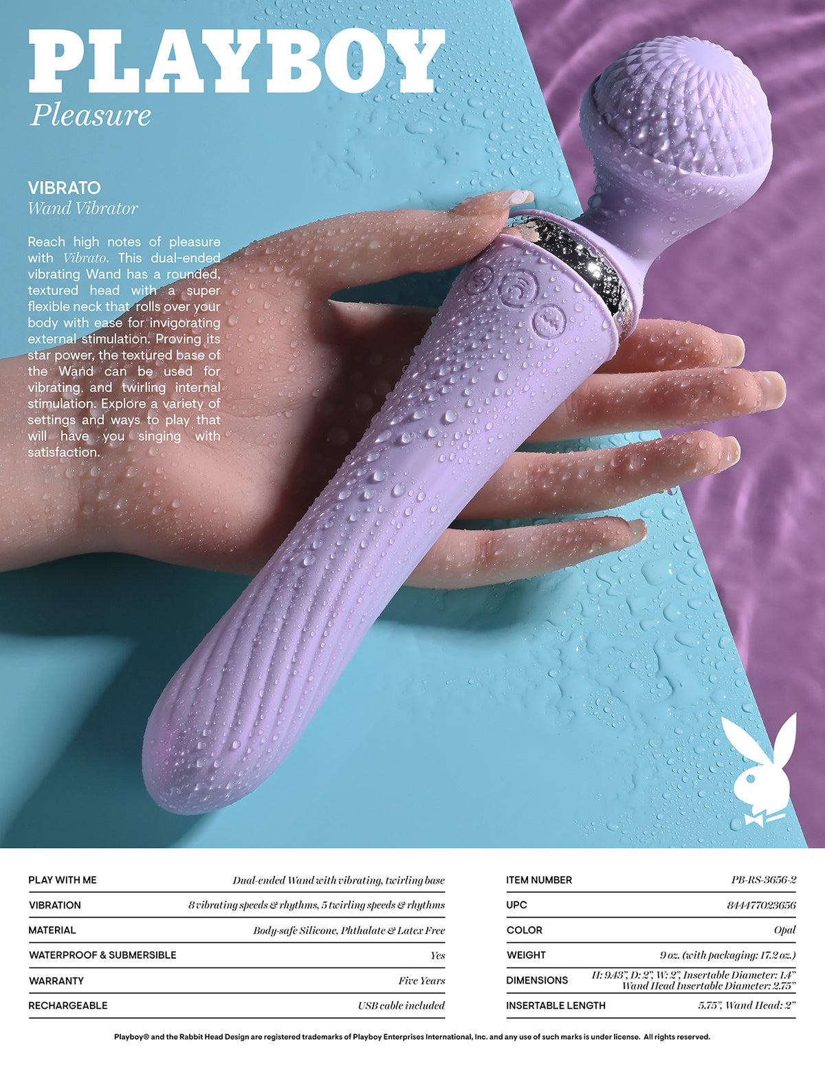 Playboy Vibrato Dual Ended Silicone Wand Vibrator Purple with textured head and flexible neck for pleasure.
