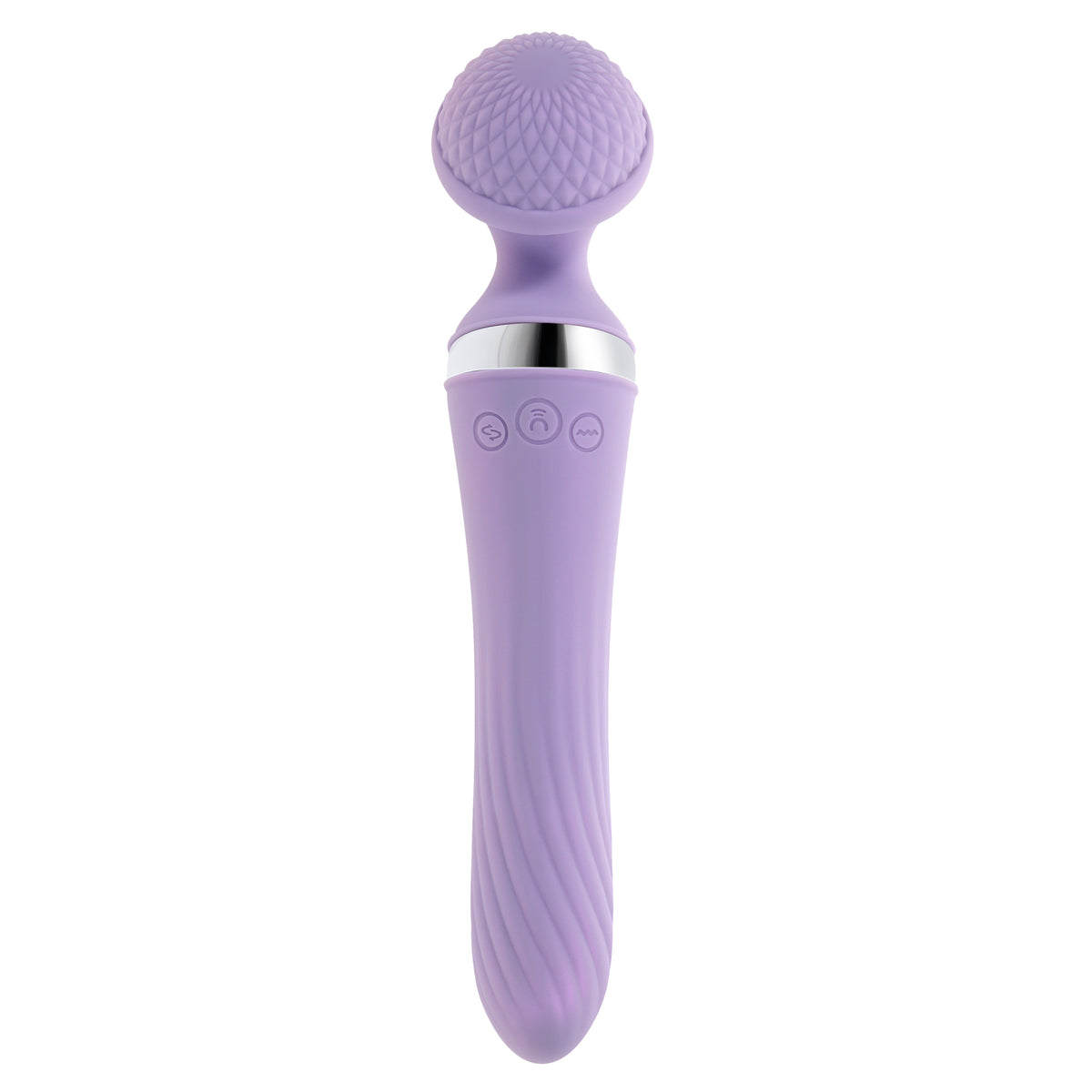 Playboy Vibrato Dual Ended Silicone Wand Vibrator Purple with textured head and flexible neck for versatile pleasure.