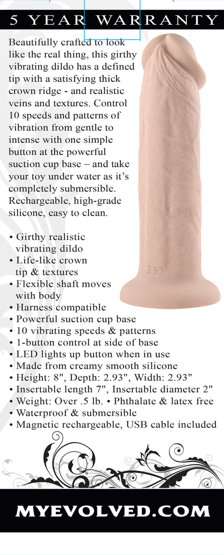Evolved 7 Inch Girthy Vibrating Dong Vanilla features realistic textures and 10-speed vibrations for ultimate pleasure.