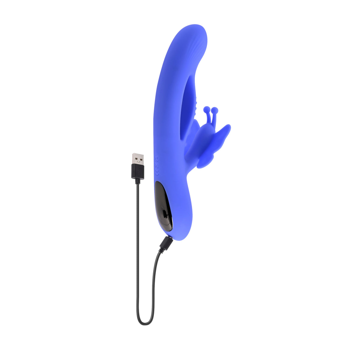 Evolved Butterfly Dreams Silicone Rabbit Vibrator in blue with USB charging cable for dual stimulation.