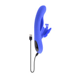 Evolved Butterfly Dreams Silicone Rabbit Vibrator in blue with USB charging cable for dual stimulation.