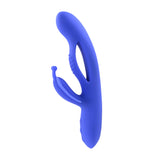 Evolved Butterfly Dreams Silicone Rabbit Vibrator in blue showcasing its flexible split shaft and butterfly design.