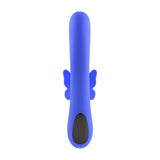 Evolved Butterfly Dreams Silicone Rabbit Vibrator in blue with flexible wings for dual stimulation.