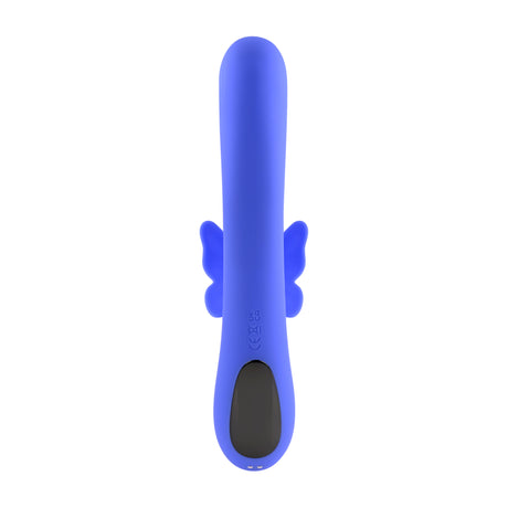 Evolved Butterfly Dreams Silicone Rabbit Vibrator in blue with flexible wings for dual stimulation.