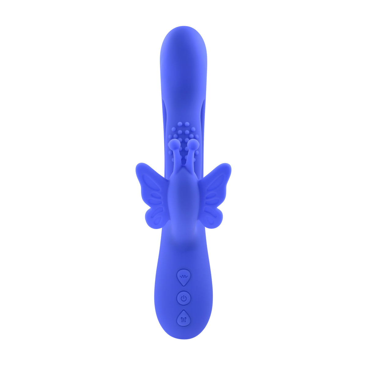 Evolved Butterfly Dreams Silicone Rabbit Vibrator in blue, featuring flexible design and textured butterfly wings for stimulation.