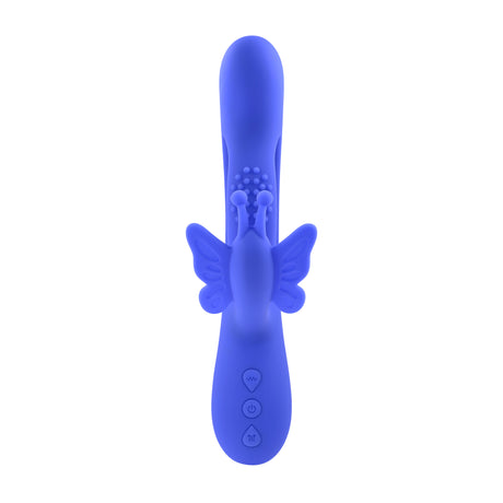 Evolved Butterfly Dreams Silicone Rabbit Vibrator in blue, featuring flexible design and textured butterfly wings for stimulation.