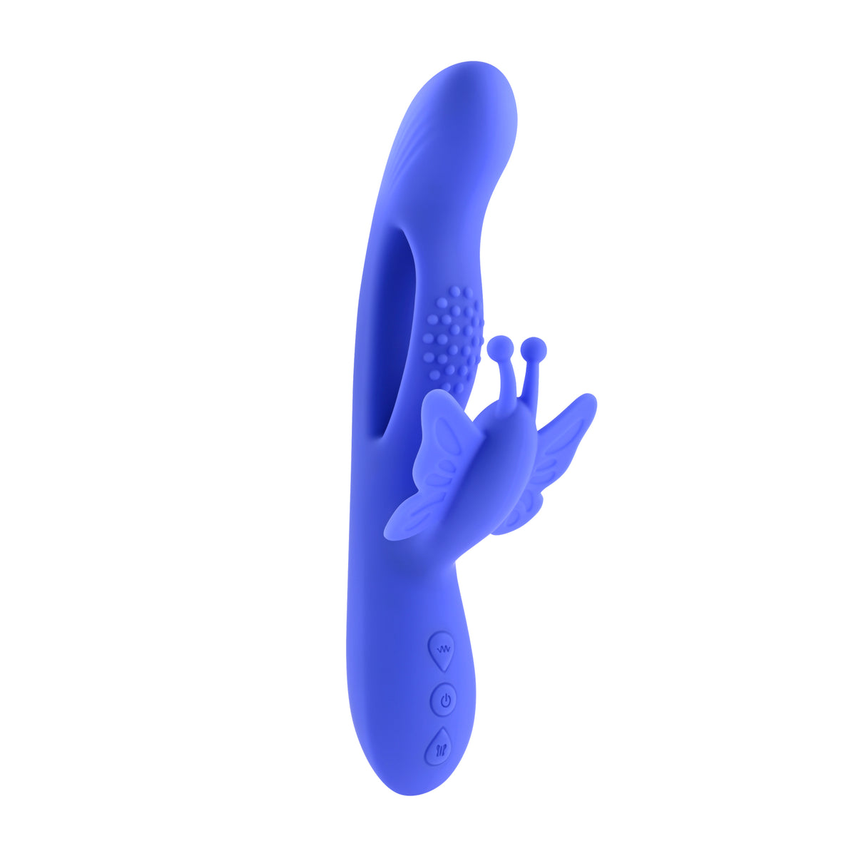 Evolved Butterfly Dreams Silicone Rabbit Vibrator in vibrant blue with butterfly design for enhanced dual stimulation.
