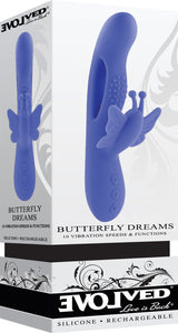 Evolved Butterfly Dreams Silicone Rabbit Vibrator packaging displaying features and design in blue silicone.