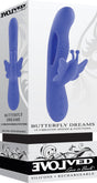 Evolved Butterfly Dreams Silicone Rabbit Vibrator packaging displaying features and design in blue silicone.