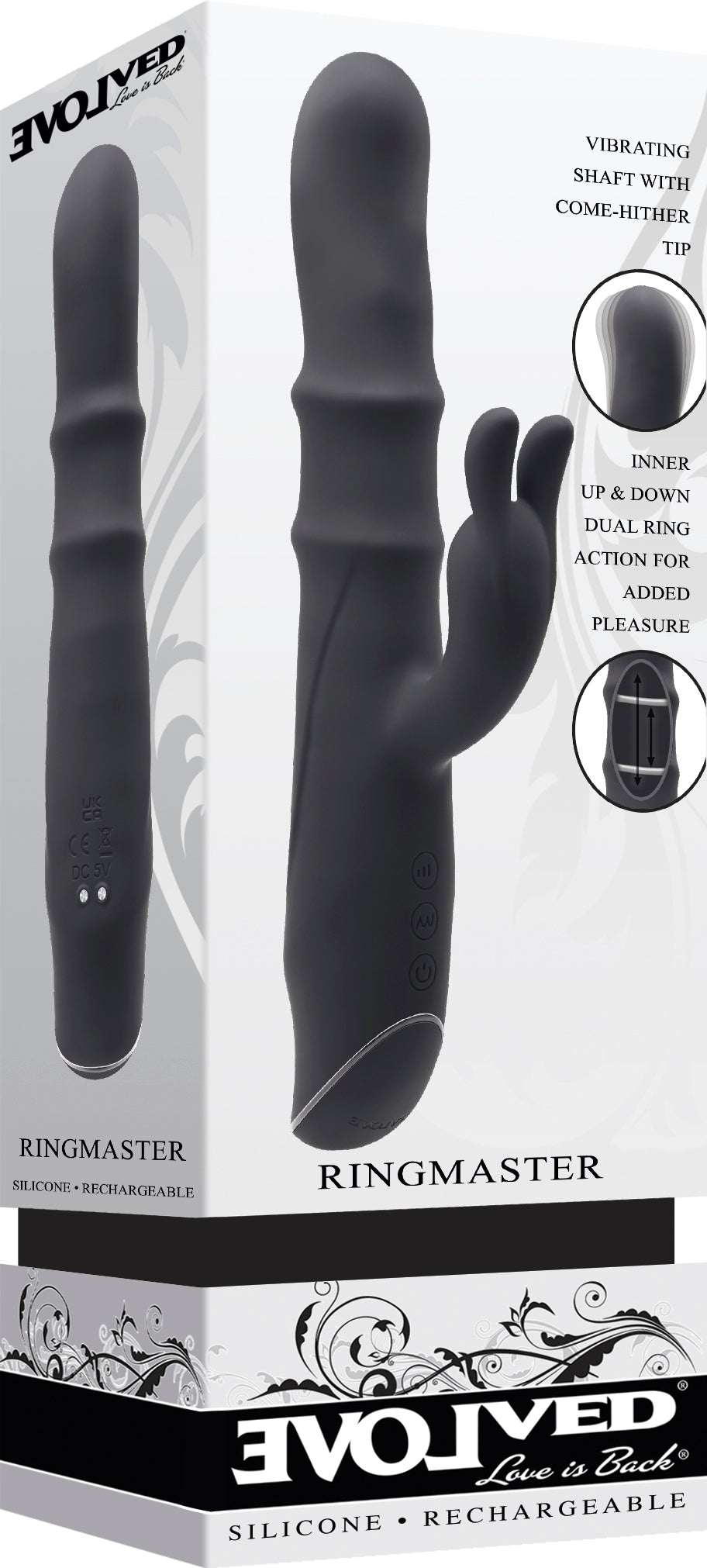 Evolved Ringmaster Silicone Rabbit Vibrator Black with powerful motors and textured shaft for dual-zone stimulation.