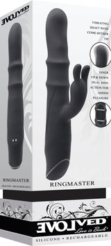 Evolved Ringmaster Silicone Rabbit Vibrator Black with powerful motors and textured shaft for dual-zone stimulation.