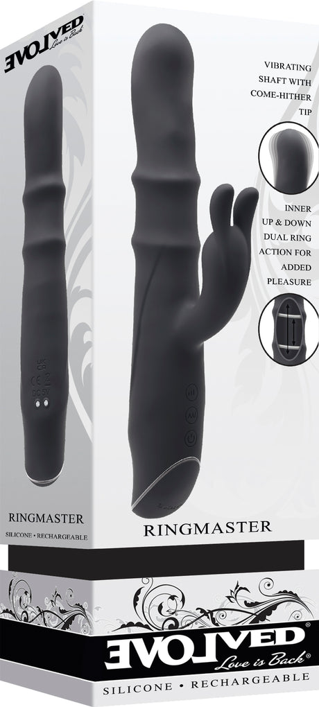Evolved Ringmaster Silicone Rabbit Vibrator Black with powerful motors and textured shaft for dual-zone stimulation.