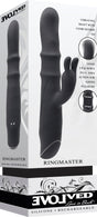 Evolved Ringmaster Silicone Rabbit Vibrator Black with powerful motors and textured shaft for dual-zone stimulation.
