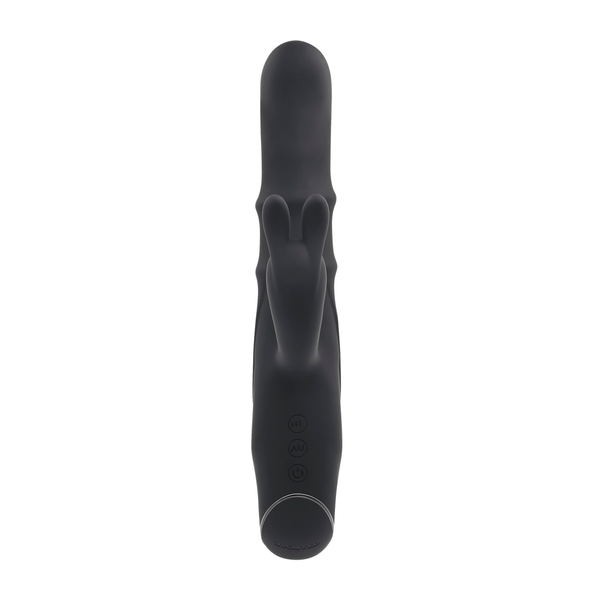 Evolved Ringmaster Silicone Rabbit Vibrator Black with bunny ear clitoral stimulator and textured shaft
