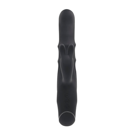 Evolved Ringmaster Silicone Rabbit Vibrator Black with bunny ear clitoral stimulator and textured shaft